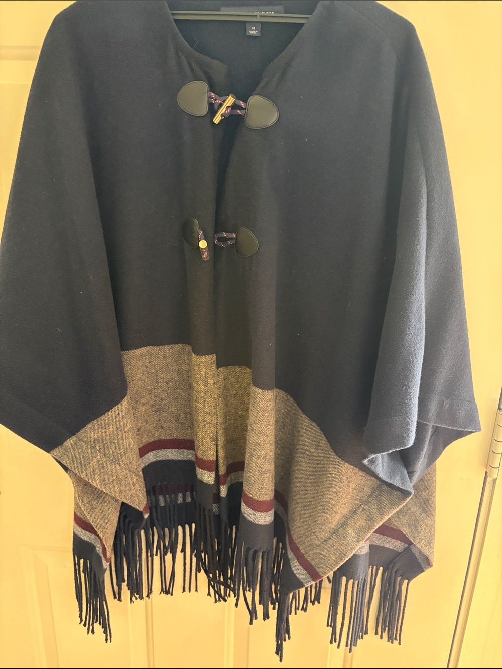 Tommy Hilfiger Navy and Gray Fringe Toggle Cape